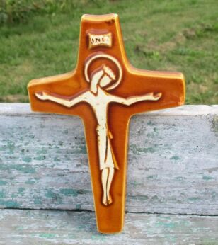 Small Mid Century Design Ceramic Modernist Crucifix era Perignem Brown Lovely