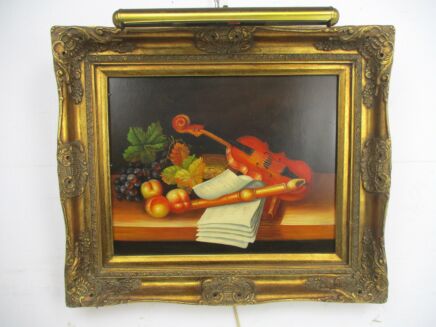 Oil Painting on Wood Gorgeous Wooden Frame with Lamp Still life Violin Signed