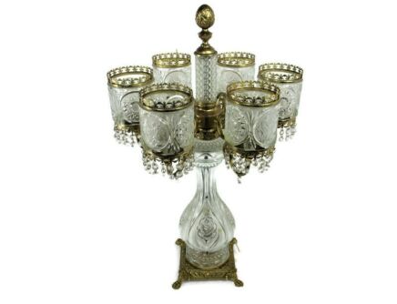 Parlour Table Desk Lamp 6 Lights Brass Etched Glass  Crystal Hollywood Regency  Gorgeous WOW