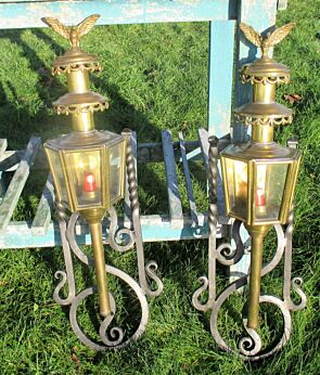 Pair Antique Brass Carriage Coach Mounted Wall Lamps Eagles Wrought Iron
