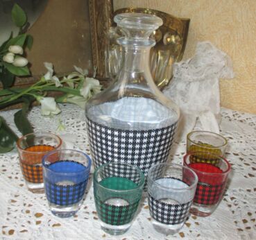 vintage retro set checkered shot Glasses Decanter Liquor Set France