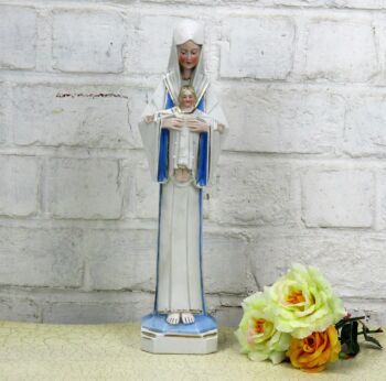 Holy Mother Virgin Mary Madonna Infant Child Statue Blue White Art Deco Bisque