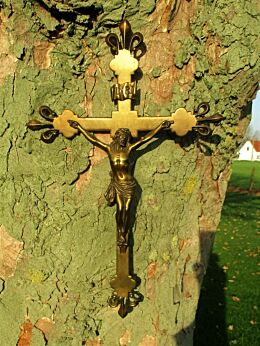 Large Antique Brass French Crucifix Cross Wall hanging Jesus Christ Fleur de Lis