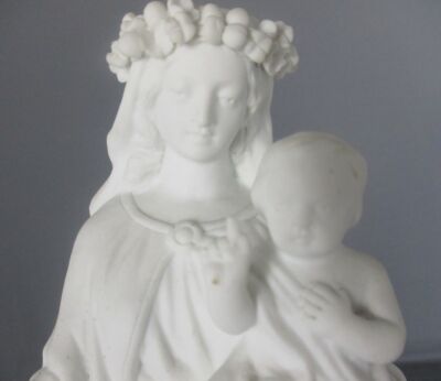 Antique Bisque Porcelain Statue Virgin Our Lady Mary Madonna with Infant Jesus Flower Wreath Garland 11.02"
