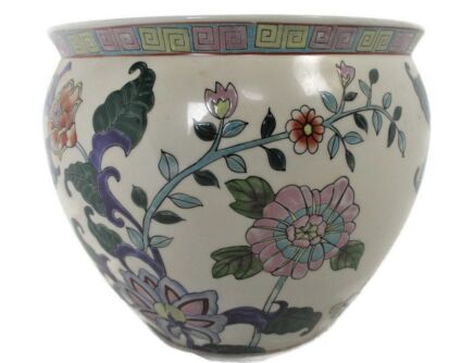 Vintage Chinese Porcelain Enamel  Koi Fish Bowl Planter Vase Butterflies Flowers Cachepot