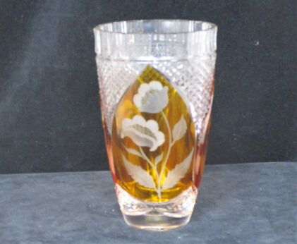 art glass Crystal Vase Val St Lambert Style Amber Clear Crystal Cut Etched Flowers Gorgeous