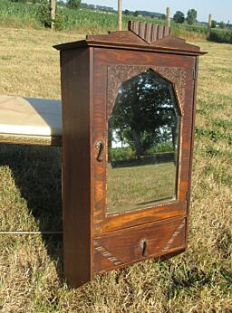 Vintage French Carved Wood Medicine Wall Cabinet Beveled Glass mirror Drawer