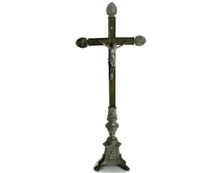 Large Mid century Vintage Standing Crucifix Jesus Christ Cross Ornate Rare Altar Spelter Beautiful 27.55"