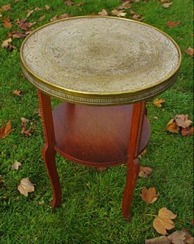Tea Coffee Side Table Round Wood Engraved Brass Persian Asian Table Top tray