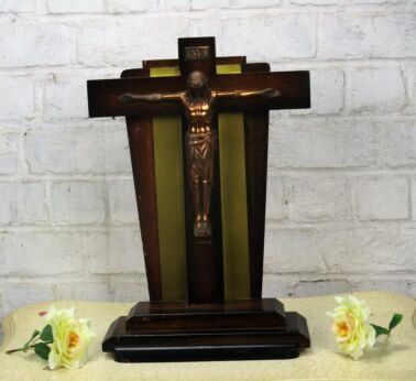 Bauhaus Art deco Red Brass Jesus Christ Standing Table Wooden Cross Crucifix
