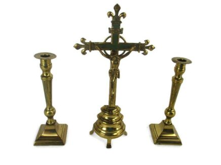 Altar Set Gorgeous Standing Crucifix with two Candelabras Ornate Embossed Brass French Fleur de Lis