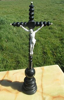 Antique Dark Carved wood Table Crucifix Cross Memento Mori Ceramic Christ