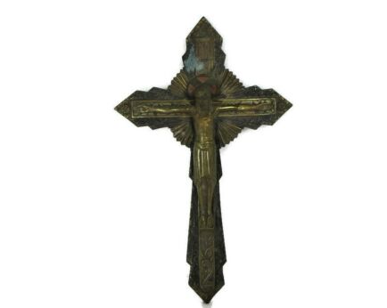 Lovely Vintage Ornate Brass Red Enamel Wall Hanging Crucifix 11.81" French