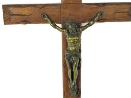 XL Church Hand Carved Wood Hanging Ornate Crucifix Brass Ornate Gorgeous Corpus Jesus Christ