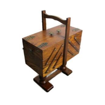 Vintage Retro Sewing Box Basket Worker Standing Accordion Wood Brass Practical