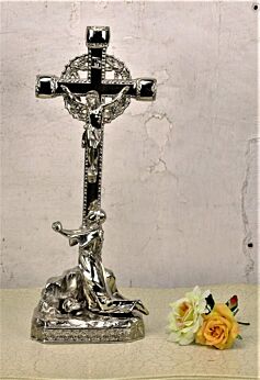 Large Vintage Ornate Spelter Standing Crucifix Praying Woman Golgotha 16.14"