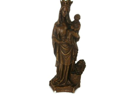 Gothic Statue Our Lady of Flanders Virgin Mary Threading on Dragon Infant Child Plaster Statue Lion 22.83"