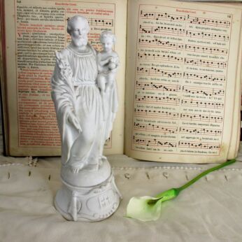 Lovely Antique Porcelain Bisque Statue Saint Joseph Infant Infant Child Lilies