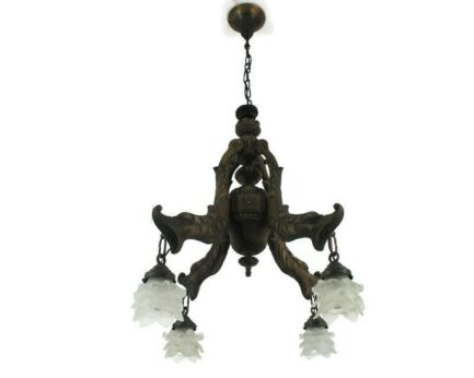 Hand Carved Wooden Chandelier 4 arm Lights Barn Country Farmhouse Style Fish