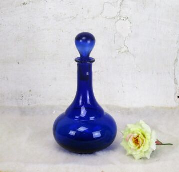 Small Vintage Cobalt Blue Glass Genie Bottle Stopper Decanter Decorative