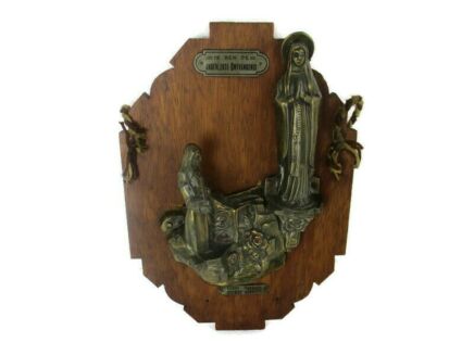 Art Deco Antique 1920s Wall Plaque Bas relief Religious Christianity Our Lady of Montaigu Scherpenheuvel Faux brass on Wood
