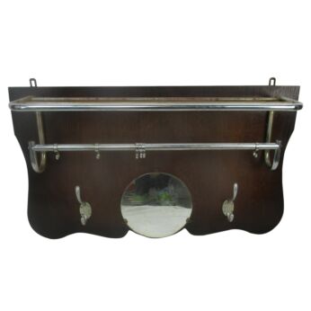 Vintage French Wooden Coat Hat Rack  Art Deco Paris Bistrot Round Mirror