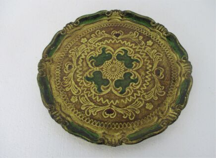 Mid Century Hollywood Regency Florentine Round Serving Tray Italy Green Wood