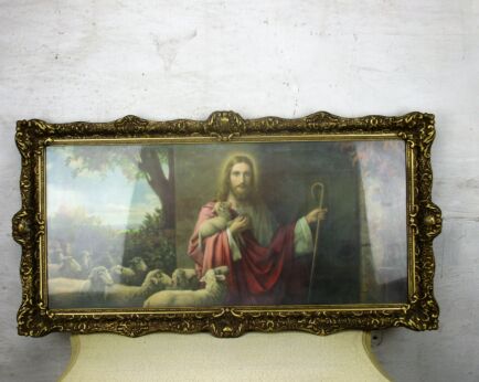 Vintage Wooden Ornate Frame Jesus Christ Good Shepherd Iconic Print WOW 34.25"