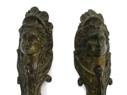 Pair Antique Brass Furniture Trim Mythical Female Head Reclaimed Architectural