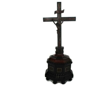 French Antique 19th C Standing Church Crucifix Wood Turtle Exquisite Christ Mother of Pearl