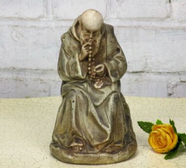 Lovely Statuette Figurine Chalk Plaster Monk Sitting with Rosary Praying