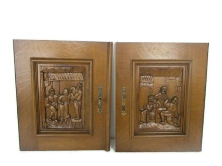 Pair Antique Hand Carved Wood Oak  Door Panels Reclaimed Architectural Kitchen Cabinet Doors Salvaged Breughel Scenes