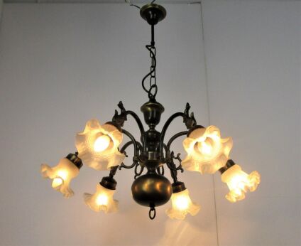 Flemish Dutch Chandelier 6 Arm Lights Brass Fish Barn Style Tulip Glass shades