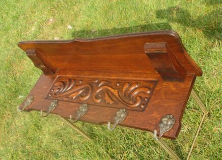 Large Antique Carved Wood Coat Hat Rack 5 Brass Hooks Couple Decorative