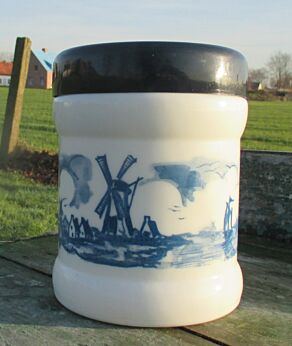 Vintage Kitchen Jar Opaque Milk Glass Dutch Landscape Windmill Blue White