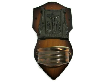 Art Deco Wall Holy Water Font Vessel Jesus Christ  Crucifixion  Wood Copper Spelter 1920s