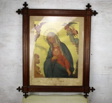 Large French Antique Wooden Ornate Church Frame Fleur de Lis Virgin Mary Print