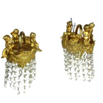 Pair Petite Empire Putti Cherub Prisms Chandelier Sconces Wall Lamps Lights