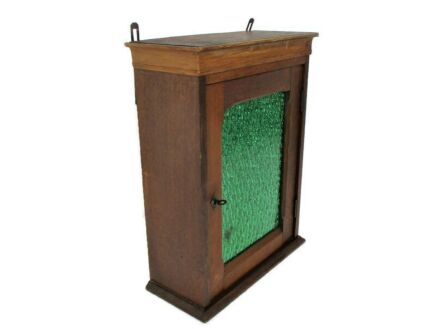 Kitchen Apothecary Pharmacy Bathroom Cabinet Green Glass Door Hand Carved Wood