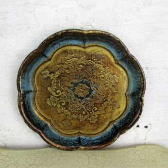 Italian Mid Century Hollywood Regency Florentine Round Serving Tray Thick Wood