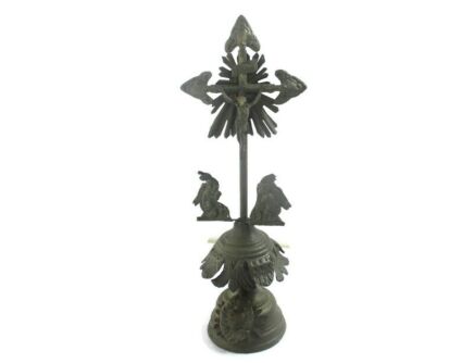 French Antique Standing Crucifix Jesus Christ Sacred Heart Fleurs de lis Angels Aluminium Gorgeous