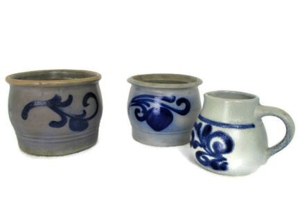 3 small Antique French Stoneware Earthenware Crock Jars Lard Cobalt gray Planters Flower Pots Herbs Farmhouse Country Barn Cottage Style