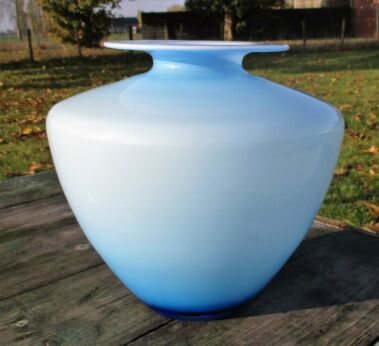 Azzuro Blue Cased Opaline Art Glass Bulb Vase Bottle Italian era Murano