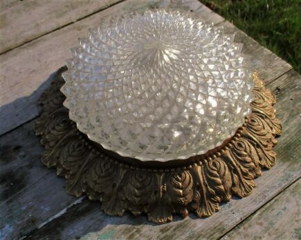 Retro French Ceiling Lamp Light Fixture Plafonniere Ornate Brass Bubbled Glass