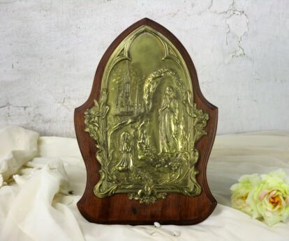 Large Vintage Standing Plaque Brass on Wood Notre Dame de Lourdes French