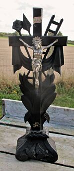 Large Dark Carved Wood Jesus Christ Table Standing Crucifix tools of Passion