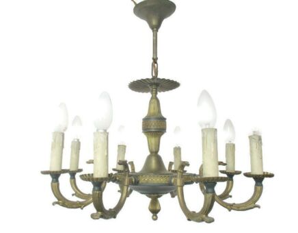 French Empire Chandelier Green Tole Brass 8 arms Dragons Hollywood Regency