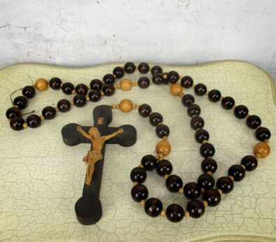 Large Vintage Rosary two colored Wood Christ Crucifix Wall Hanging Priest Nun