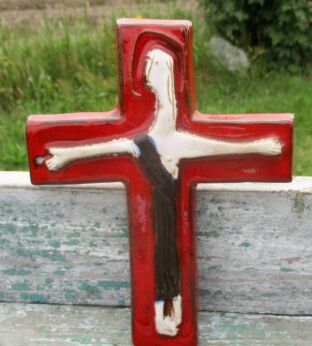Mid Century Design Ceramic Modernist Crucifix Glazed Red era Perignem Amphora