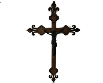 XL Hand Carved Wood Hanging Ornate Church Chapel Crucifix French Fleur de Lis Faux Brass Spelter  Corpus 33.46"
